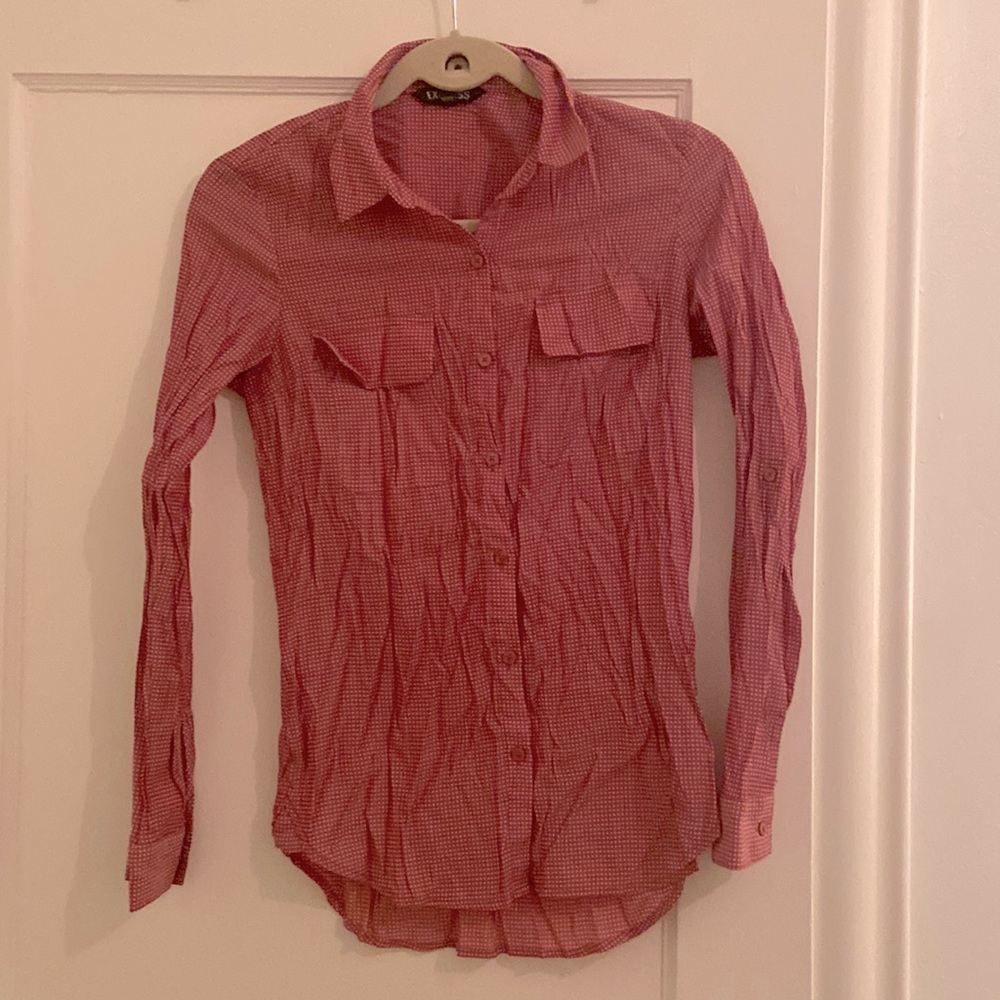 Red button down with small white polka dots